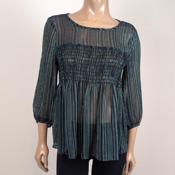 RW&Co Striped Sheer Blouse Smocked Draped Peasant Style Cropped Bubble Sleeve - Picture 7 of 9